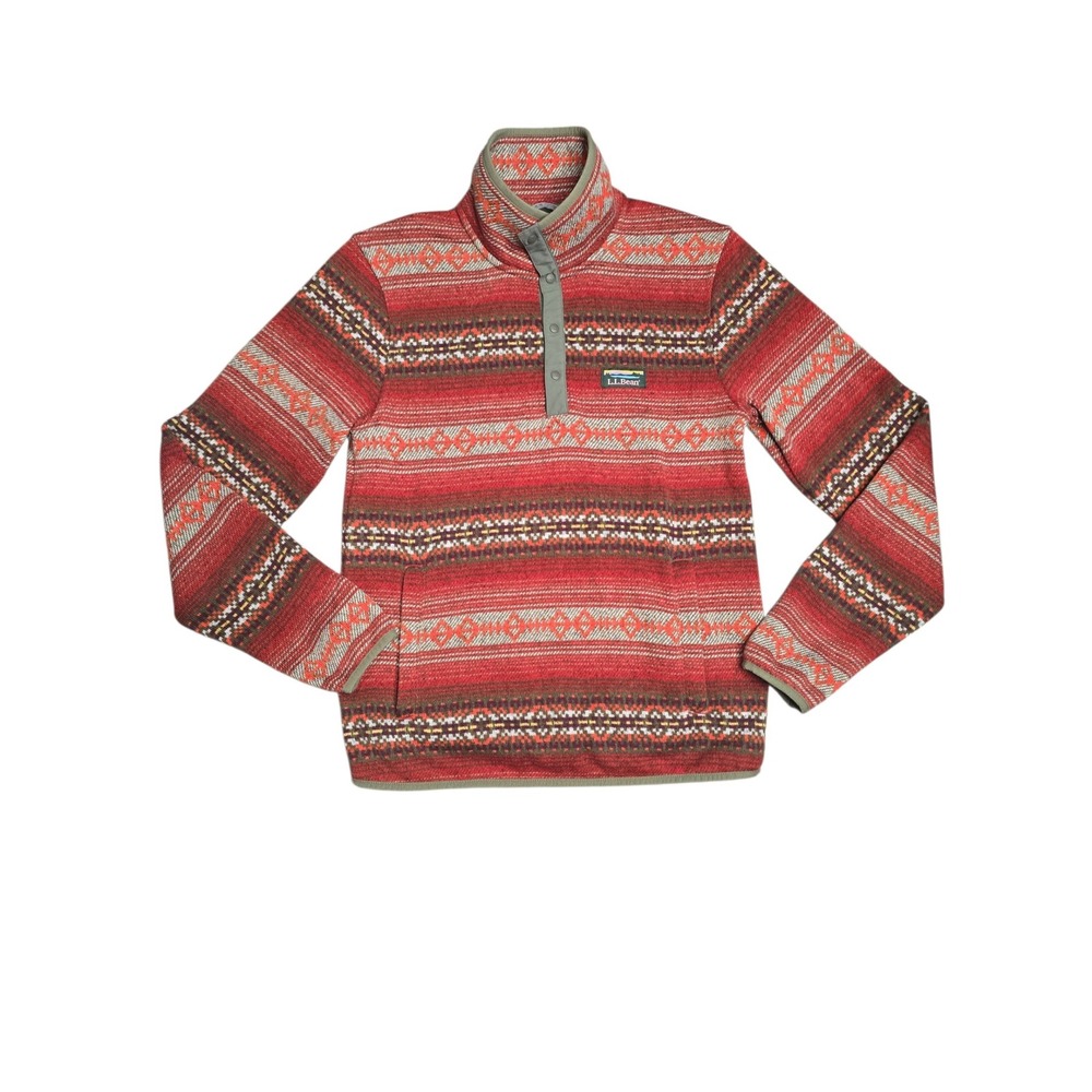 L.L.Bean Men's Small Fair Isle Pattern Fleece Snap Pullover Red